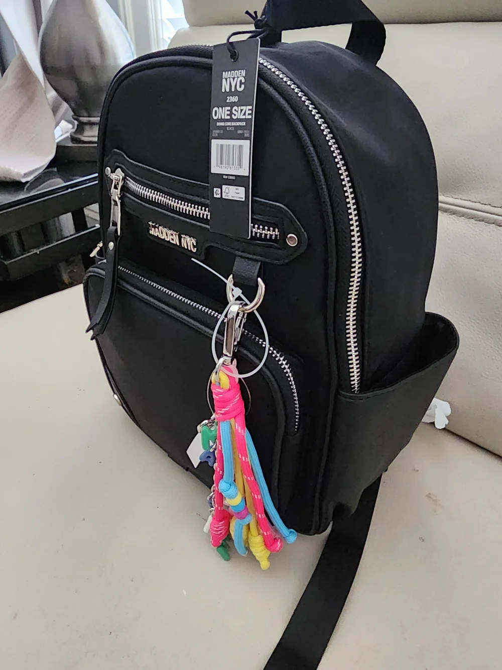 Madden NYC Black Mini Backpack with Colorful Keychain Accent